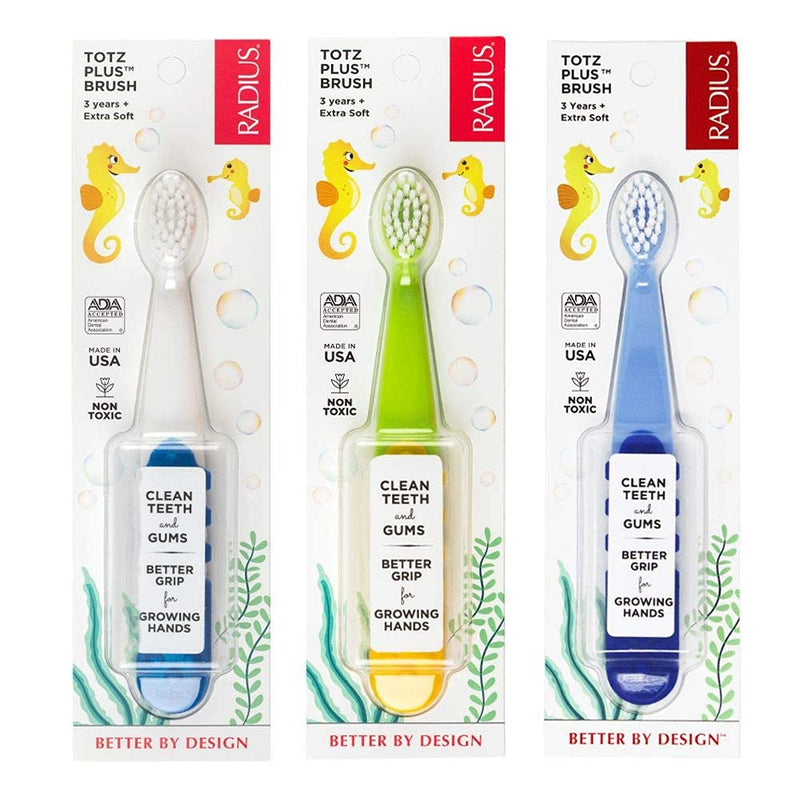 RADIUS Children's Toothbrush, Totz Plus Brush, Extra Soft Bristles, White/Green/Lightblue, BPA Free & ADA Accepted, for Delicate Teeth & Gums for Children 3 Years & Up, Pack of 3 Bluewhite/ Greenyellow / Blueblue 3 Count (Pack of 1)