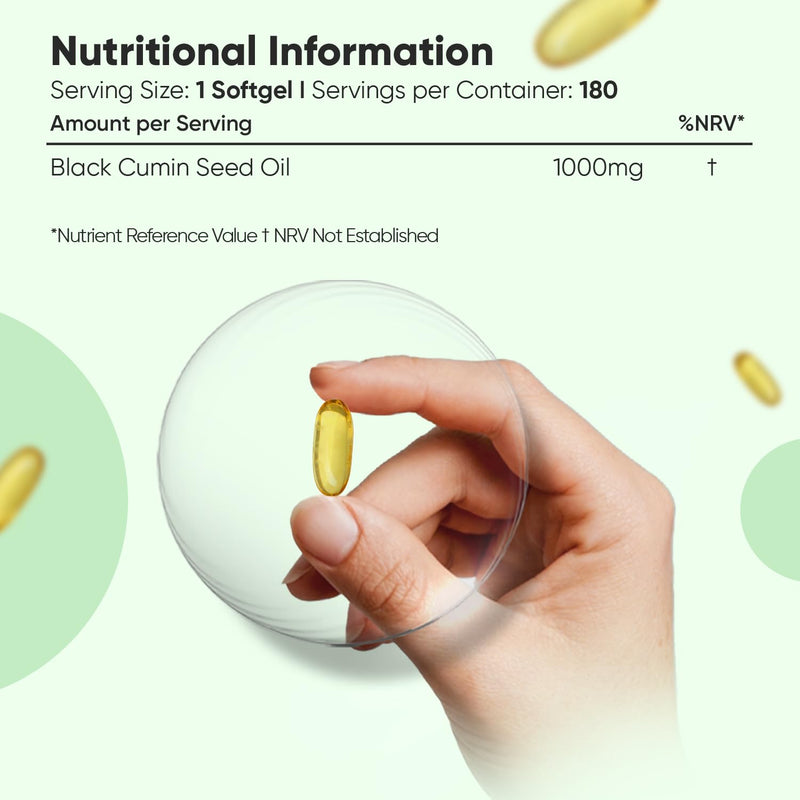 Black Seed Oil 1000mg - 180 Softgels - 6 Months Supply - Cold Pressed Black Cumin Seed Oil Capsules - 1-a-Day - Vegan-Friendly - Source of Thymoquinone & Omega Fatty Acids - Nigella Sativa Supplement