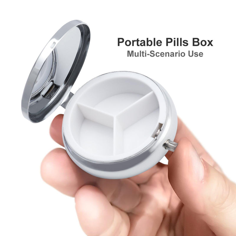 Pill Box 3 Compartment Small Pill Case, Portable Round Pill Box for Pocket or Purse, Decorative Metal Medicine Vitamin Organizer. (Two Birds) Two Birds