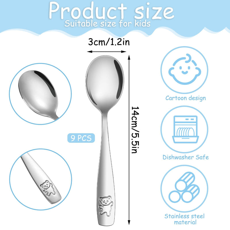 [Australia] - Pimoys 9 Pieces Toddler Spoons Kids Spoons, Kids Silverware Stainless Steel Toddler Utensils Metal Kids Cutlery Set Baby and Children Safe Flatware, Perfect for Small Hands 9 Silver Spoons 