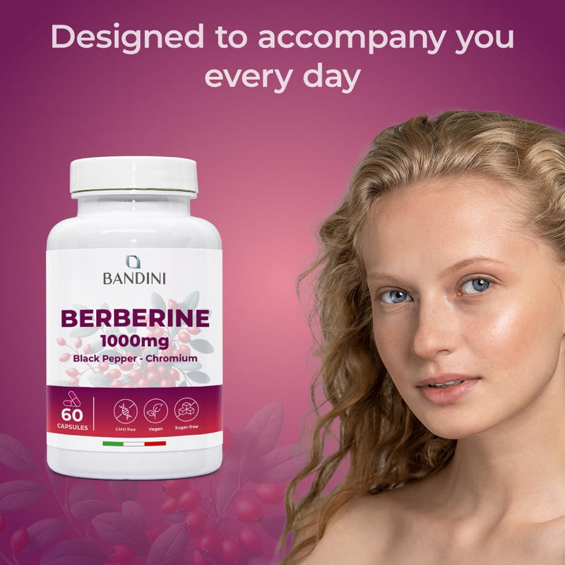 Bandini® Berberine 1000mg Pure high Dosage | Pure Berberin HCl from Berberis Aristata 97% + Chromium and Black Pepper | Maximum Absorption | Digestive, Liver, intestinal Function | 60 Vegan Capsules