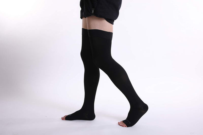 [Australia] - Doc Miller Thigh High Open Toe Compression Stockings 15-20mmHg for Varicose Veins, Pregnancy Support Open Toe Thigh High Compression Socks for Women and Men Large Black 