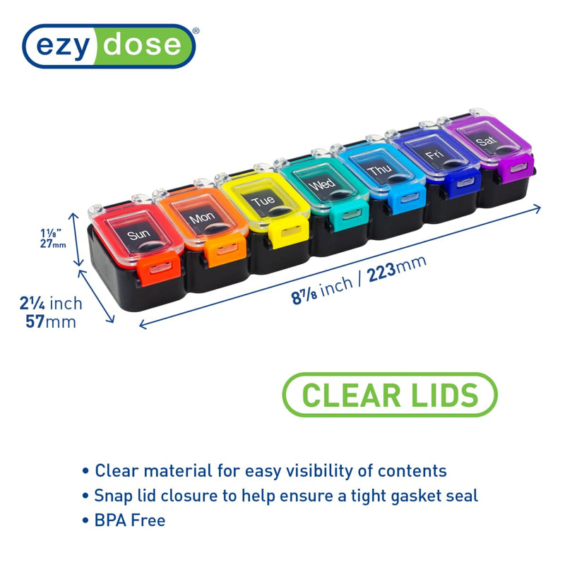 Ezy Dose Weekly (7-Day) Pill Organizer, Medicine Planner, Rainbow/Black | Daily Vitamin & Supplement Case, Waterproof Locking Compartments to Secure Prescription Medication, Travel-Friendly, BPA-Free