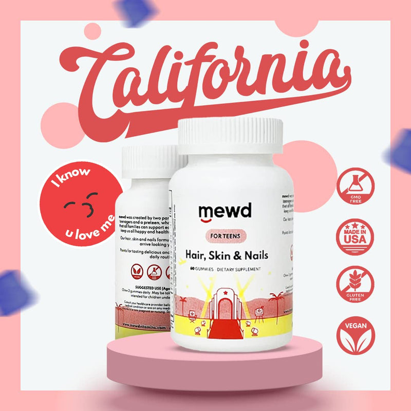 MEWD Teen and Kids Hair, Skin & Nails Support Multivitamin Gummies - Biotin Strength & Growth with Zinc, Vitamins A, D3, B1, B2, B6 & B12 - Gluten-Free, Non-GMO for Girls & Boys - 60 Count - USA Made