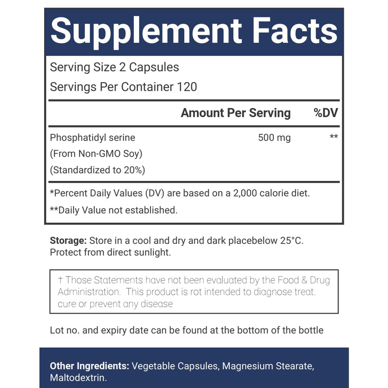 Phosphatidylserine, 500mg, 240 Veggie Capsules 100% Vegetarian, Non-GMO & Gluten Free 1