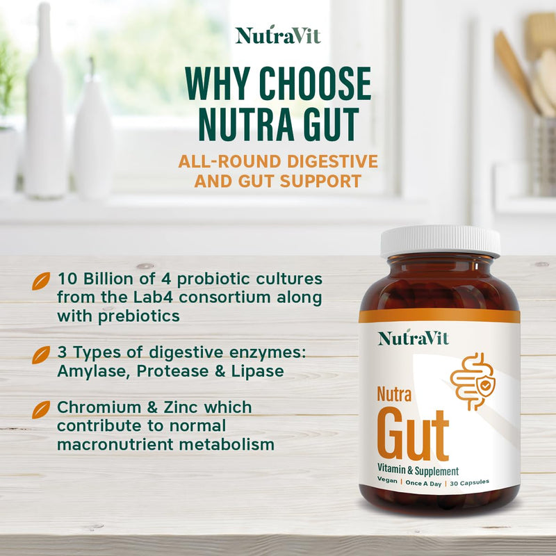 NutraGut - Digestive and Gut Support - with 10 Billion Probiotic Cultures, 3 Digestive Enzymes: Amylase, Protease & Lipase - with Vitamins & Minerals - NutraVit, 30 Capsules