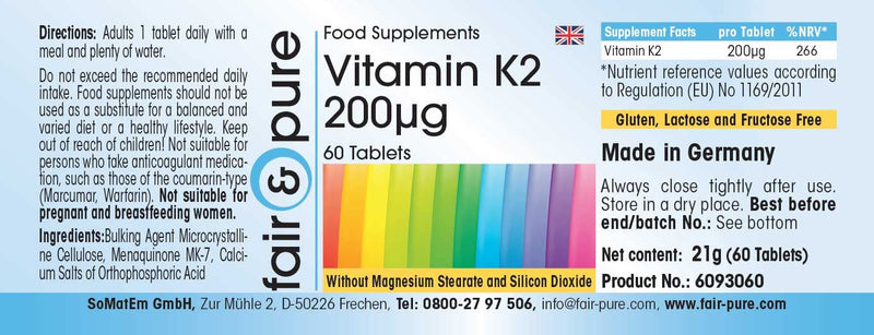 [Australia] - Fair & Pure® - Vitamin K2 tablets 200mcg - 60 tablets - natural menaquinone MK-7 - vegan - high-dose vitamin K2 