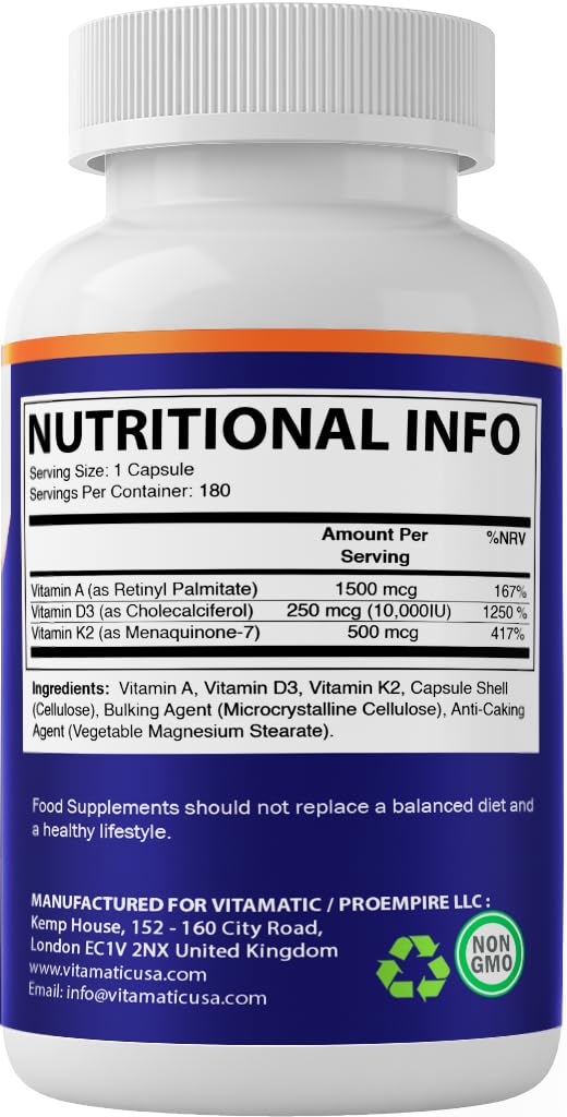 Vitamatic ADK Vitamin Supplement, 180 Veg Capsules, High Potency Vitamins A, D3, K2 for Bone Health, Calcium Absorption, Non-GMO, Gluten Free