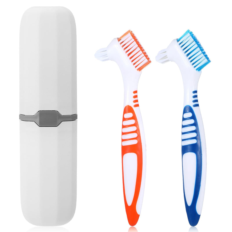 [Australia] - 2Pcs Denture Brush, Denture Cleaning Brush Set with White Carrying Case Denture Toothbrushes with Multi-Layered Soft Bristles and Rubber Anti-Slip Handle (Blue + Orange) 