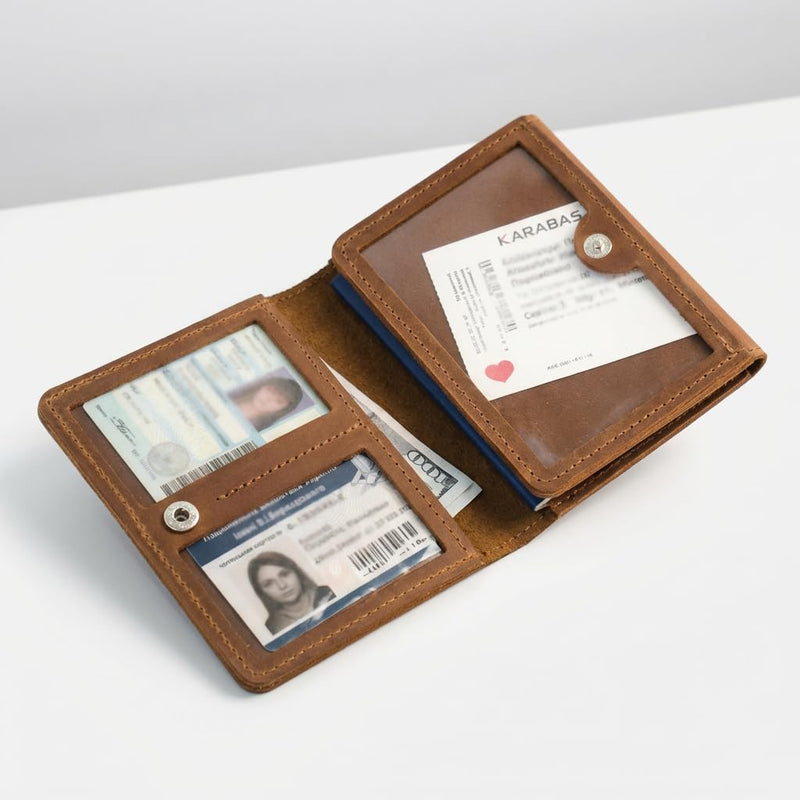 Leather Pilot Document Wallet - Pilot License Holder & Flight Document Organizer, Genuine Crazy Horse Leather Travel Wallet, Compact Aviation Passport Holder for Pilots, Warm Brown