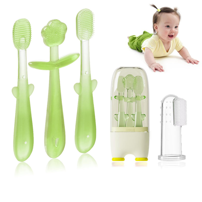 FOKiiBO Baby Silicone Toothbrush Set, Tongue Brush + Finger Toothbrush with Cup for Training Teething, 0-18M Infant Toddler Newborn Baby Teeth Brushes Green1