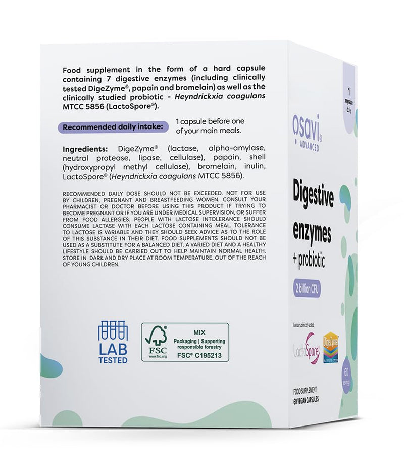 Osavi Digestive Enzymes + Probiotic – 60 Vegan Capsules | DigeZyme® + LactoSpore® | 7 Digestive Enzymes with Papain & Bromelain | Clinically Studied Ingredients | Clean Label