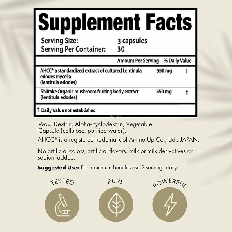 [Australia] - Premium AHCC & Shiitake Mushroom 1100 mg per Serving Supplement, Natural Immunity Booster, Maintains Natural Killer Cell Activity | AHCC is Proven in 30+ Studies | 30-Day Supply, 1-Pack 90 Count (Pack of 1) 