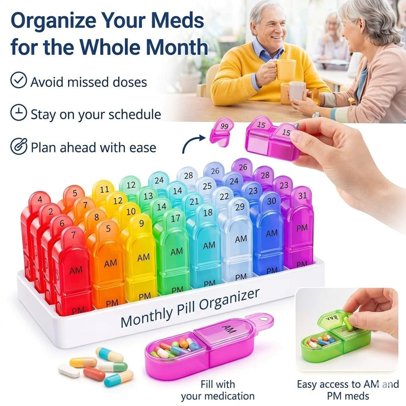 Monthly Pill Organizer Monthly 31 Day AM PM – Pill Sorter Monthly with Large Compartments, 2 Times Pill Container,Monthly Pill Holder for Vitamins, Supplements & Daily Medication