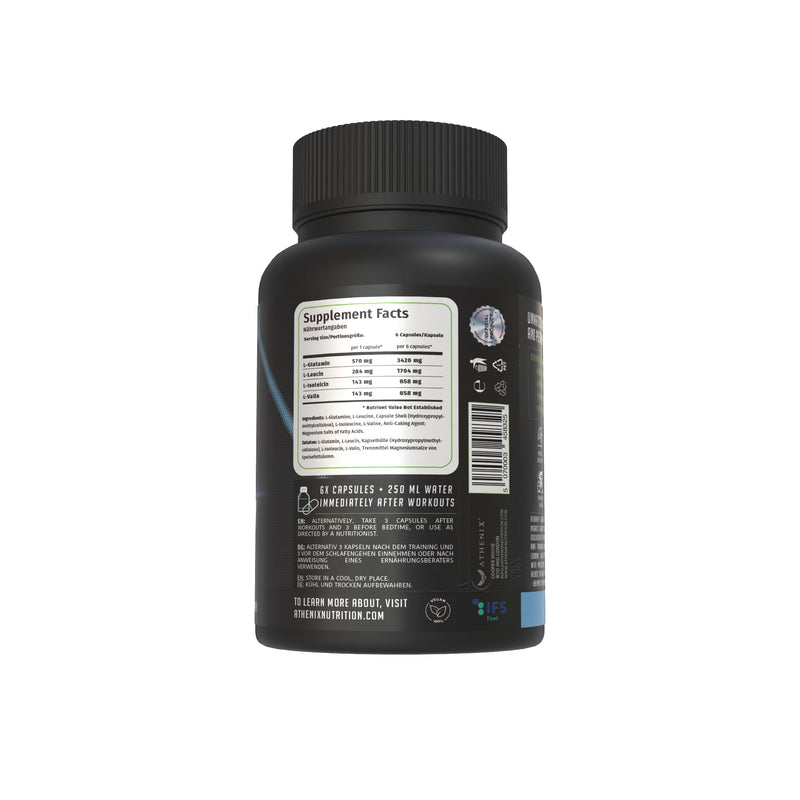 Athenix® Premium BCAA + Glutamine Capsules – 2:1:1 BCAA Ratio, 3420 mg BCAAs + 3420 mg Glutamine | Muscle Recovery, Endurance & Lean Muscle Maintenance, Premium Grade Made in Germany, Vegan, 220 Caps