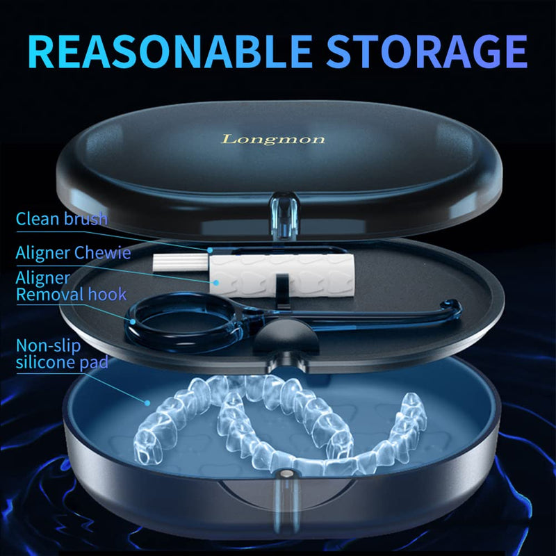[Australia] - 2 Pack Blue New Double-layer Aligner Case with Belt Chewing,Removal Tool,Cleaning Brush,Built in Mirror Orthodontic Case 