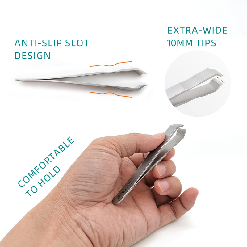 Beard & Hair Plucking Tweezers, Fine Eyebrow Tool, Stainless Steel, 10mm Tip, Anti-Slip Slot Design, Cyan PU Case