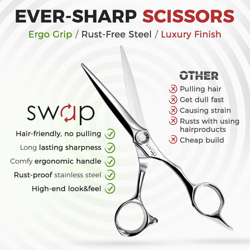 SWAP Professional Hair Cutting Scissors - 6.0'' Japanese SUS 440C Steel Barber Scissors, 60-62HRC Sharp Edge Blade with Adjustable Tension Screw for Salon & Home Use（6.0'' Hair Shears） 6 '' Hair Cutting Scissors