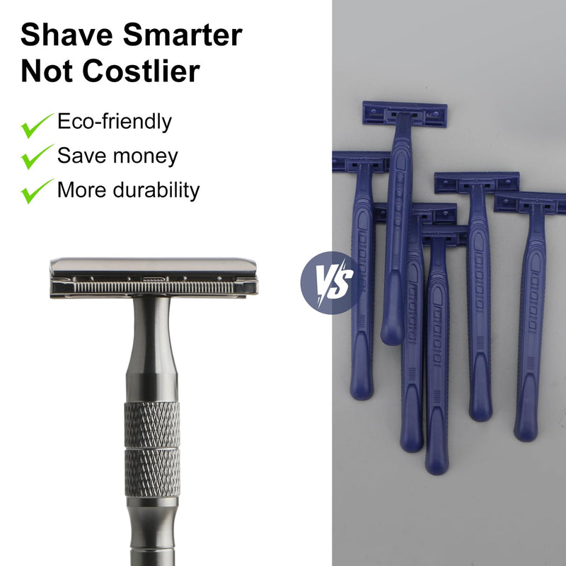 Gun Black Double Edge Safety Razor with Stand, Single Blade Razors for Men and Women, with 10 Safety Razor Blades, Smooth & Close Shave, Plastic Free Gun Black Razor with Stand