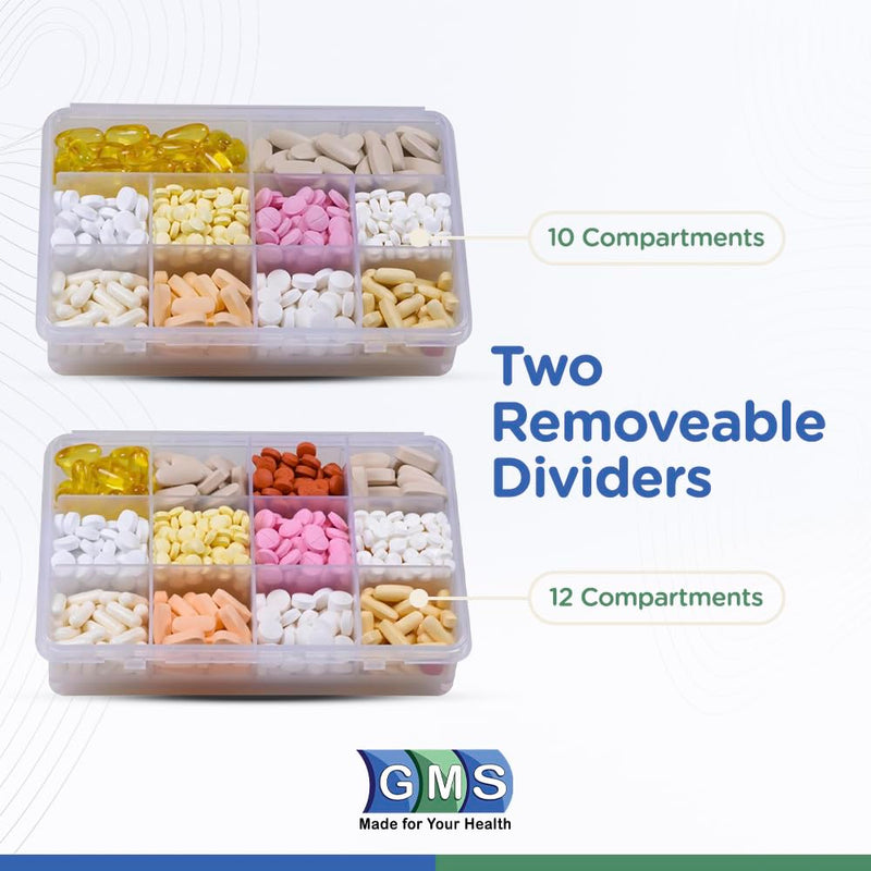 Large 12 Compartment Pill Organizer, Travel Vitamin Chest Box | Secure Locking Container for Daily Supplements & Tablets, Easy-Lock Design for Medicine Cabinet Organization & Travel