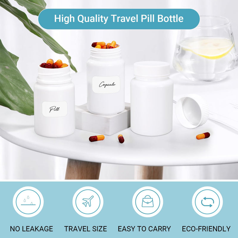 White Pill Bottle, Empty Medicine Bottles with Screw Caps for Pills Capsules Vitamins, Food Grade Plastic Medicine Containers with Labels for Travel (3.4oz/100ml, 4 Pcs) White ['100ml']