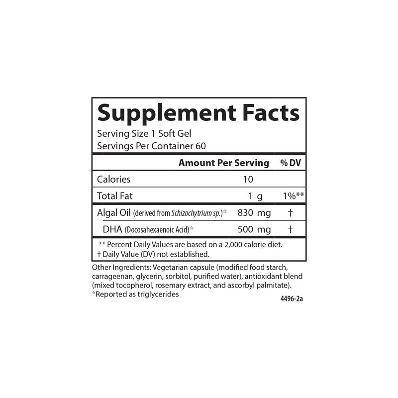 Carlson Vegetarian Prenatal DHA, 500 mg, DHA, Plant Based, 60 Softgels | Sustainably Sourced From Algae; Prenatal Support; Fetal Development