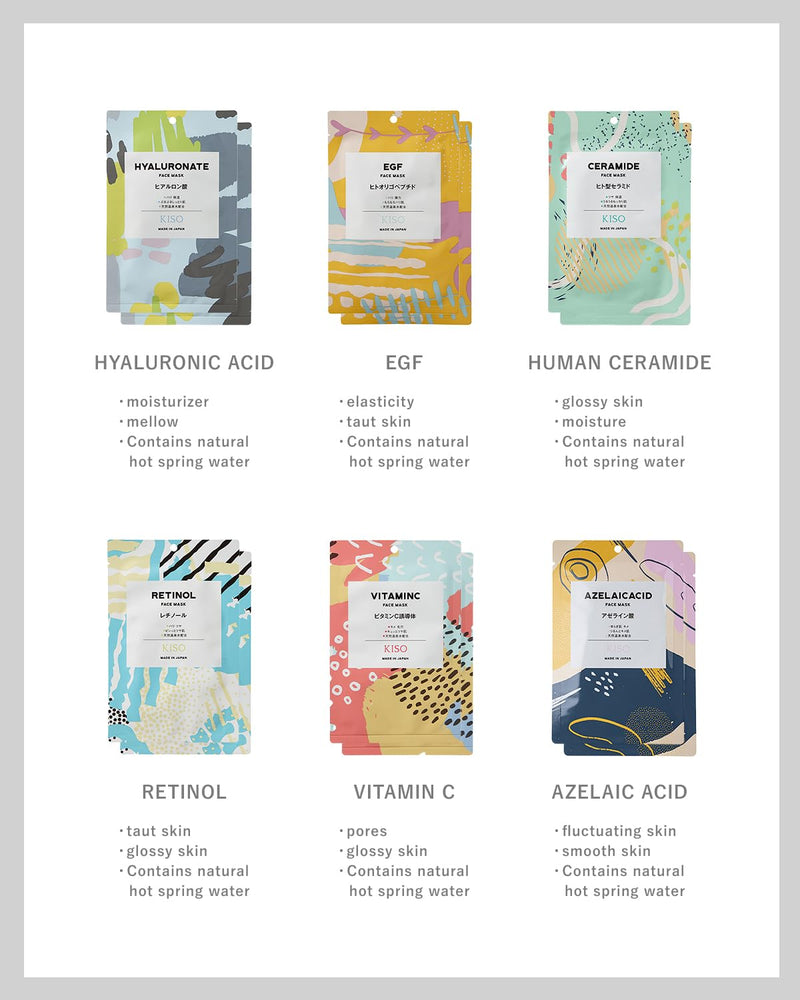 KisoCare Japanese Facial Sheet Mask Variety Pack 24 Combo Pack - Hydrating Brightening Soothing - Made in Japan Hot Spring Water, Individually Packaged