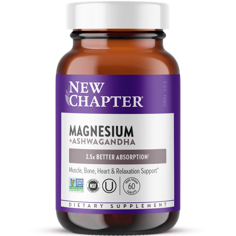 New Chapter Magnesium + Ashwagandha Supplement, 325 mg with Magnesium Glycinate, 2.5x Absorption, Muscle Recovery, Heart & Bone Health, Calm & Relaxation, Gluten Free, Non-GMO - 60 ct (2 Month Supply) 60 Count (Pack of 1)