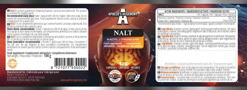 N-Acetyl-L-Tyrosine (NALT) 500mg and Active Vitamin B6 (P-5-P) 2mg - 120 Capsules - 4 Months Supply - High Strength Amino Acid Supplement - Cognitive Booster - by Apollo's Hegemony
