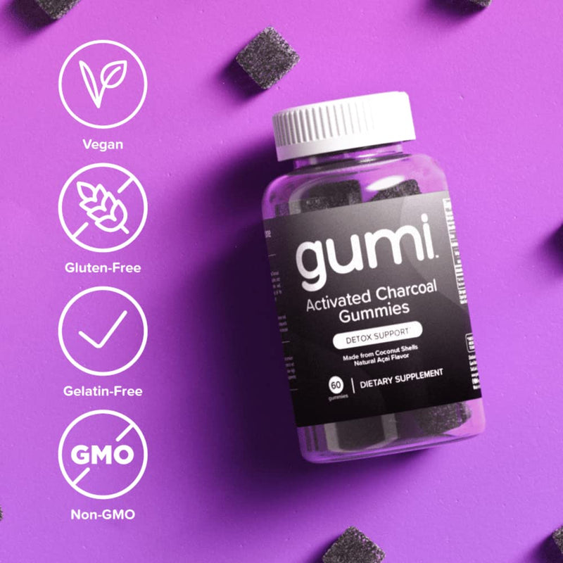 [Australia] - gumi Nutrition Coconut Activated Charcoal Gummies - Charcoal Supplements for Detox, Oral Health & Gut Health - 200mg Gummy Vitamin - Gluten Free, Vegan & Non GMO - Natural Açaí Flavor (60 Count) 