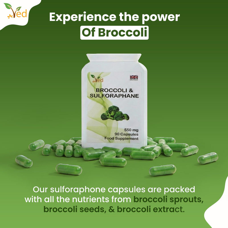 Ved Broccoli Sulforaphane, Broccoli Powder Rich in Vitamins and Minerals, 550 mg 90 Vegan Capsules (45 Days supplys)