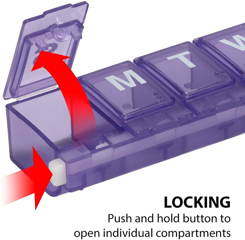 EZY DOSE Weekly (7-Day) Pill Case, Medicine Planner, Vitamin Organizer, Small Locking Compartments to Secure Prescription Medication and Prevent Accidental Spilling, Color May Vary, BPA Free Small (Pack of 1)