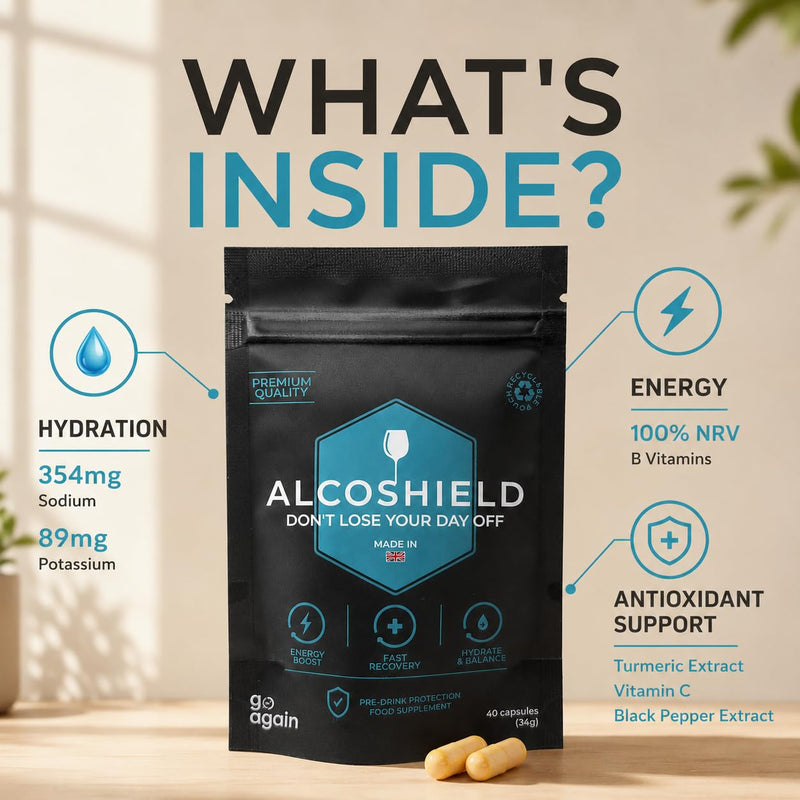 Alcoshield Pre Drink Antioxidant and Vitamin Support Capsules with Turmeric Vitamin C B Complex and Electrolytes for Social Evenings 40 Capsules Made in UK