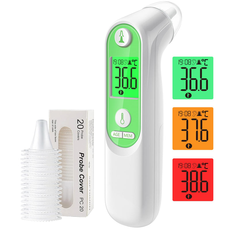 [Australia] - Ear Thermometer for Baby Adults, Ear Fever Thermometer with Age Measurement and Color-Coded Temperature Display, Digital Infrared Thermometer with 21 Disposable Protective Caps (Green) 