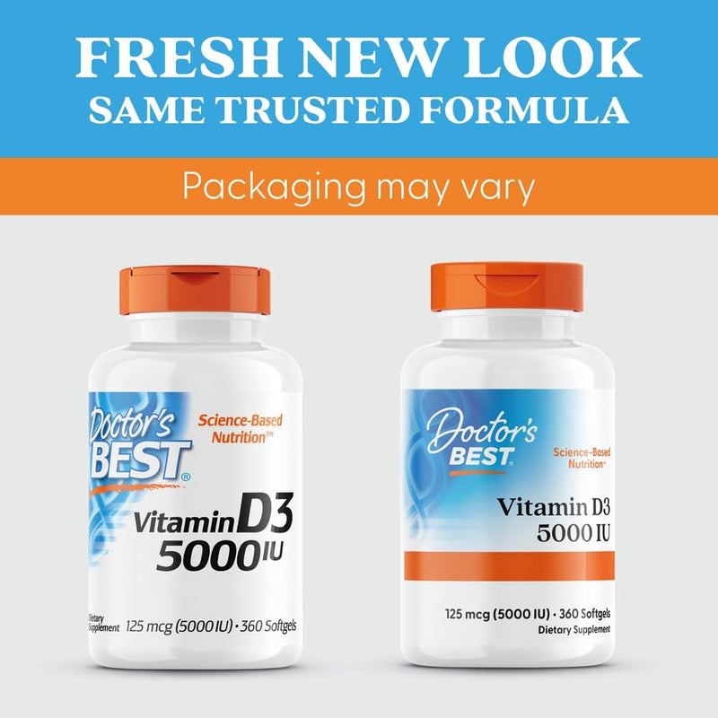 Doctor's Best, Vitamin D3, 5,000 IU, High Dosage, Depot Weekly Dose, 360 Soft Capsules, Laboratory Tested, Soy Free, Gluten Free, GMO Free 360 capsules