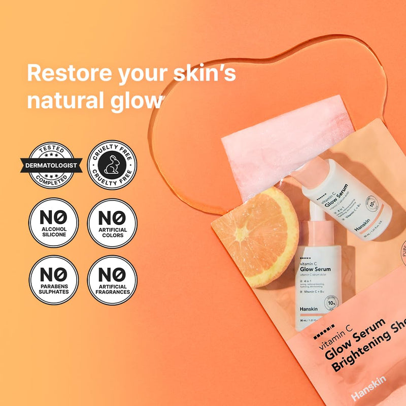 Hanskin Vitamin C Glow Sheet Mask – Korean Brightening & Hydrating Face Mask with Vitamin C + Niacinamide for Radiant, Even-Toned Skin | Glowing, Revitalizing Serum Mask | 10EA