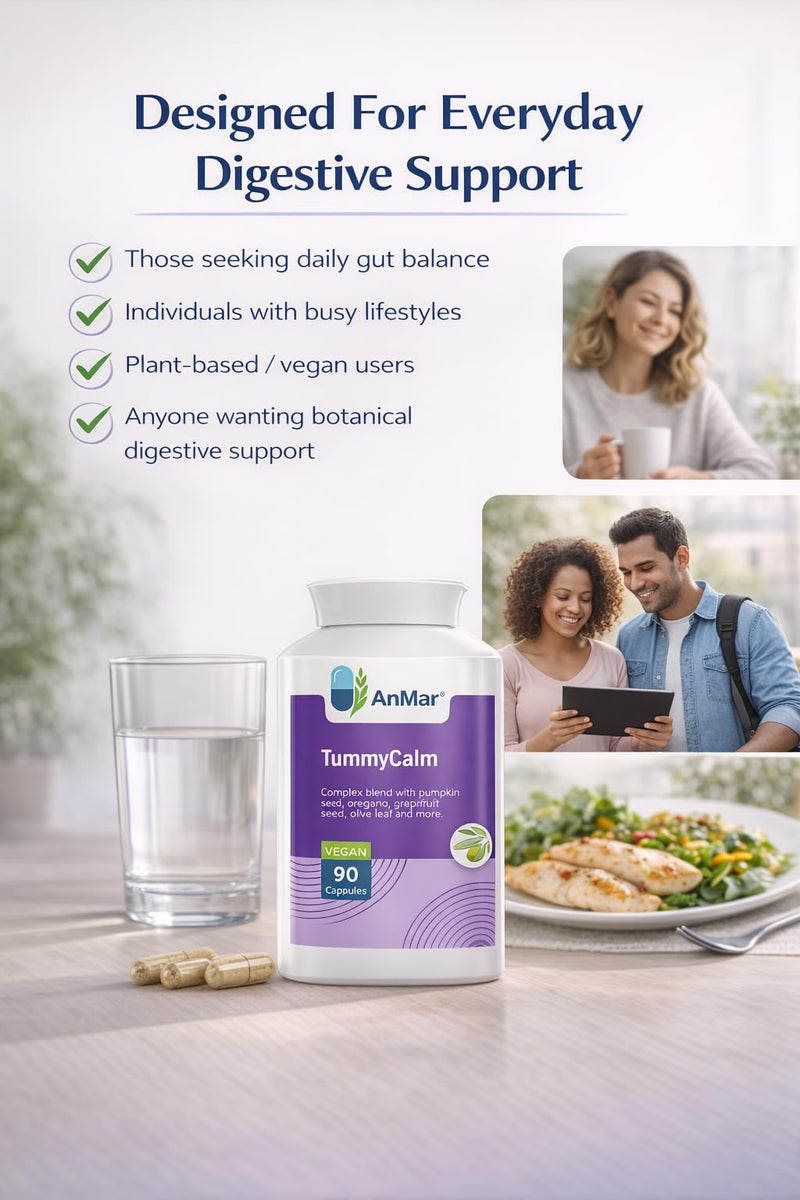 AnMar® TummyCalm Digestive Botanical Complex – Pumpkin Seed, Oregano Leaf, Grapefruit Seed & Olive Leaf Extract – Herbal Digestive Support Supplement – Vegan Capsules – 90 Capsules
