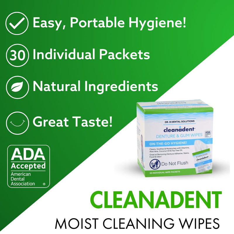 [Australia] - Dr. B Dental Solutions Cleanadent Dental Wipes, Denture Cleaner Removes Adhesives, Food, Stains, and Odor 30 Count Pack of 2 60 Count (Pack of 2) 