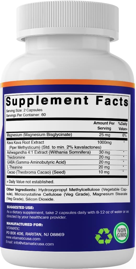 [Australia] - Vitamatic Kava Kava 1000mg with Magnesium, Ashwagandha, GABA, Theobromine, L-Theanine & Cacao ‚Äì 120 Veg Caps ‚Äì Kavalactones for Mood, Stress & Sleep Support. 