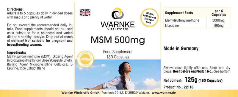 [Australia] - MSM 500mg - 180 capsules - high dose - methylsulfonylmethane | Warnke vital substances - German pharmacy quality 