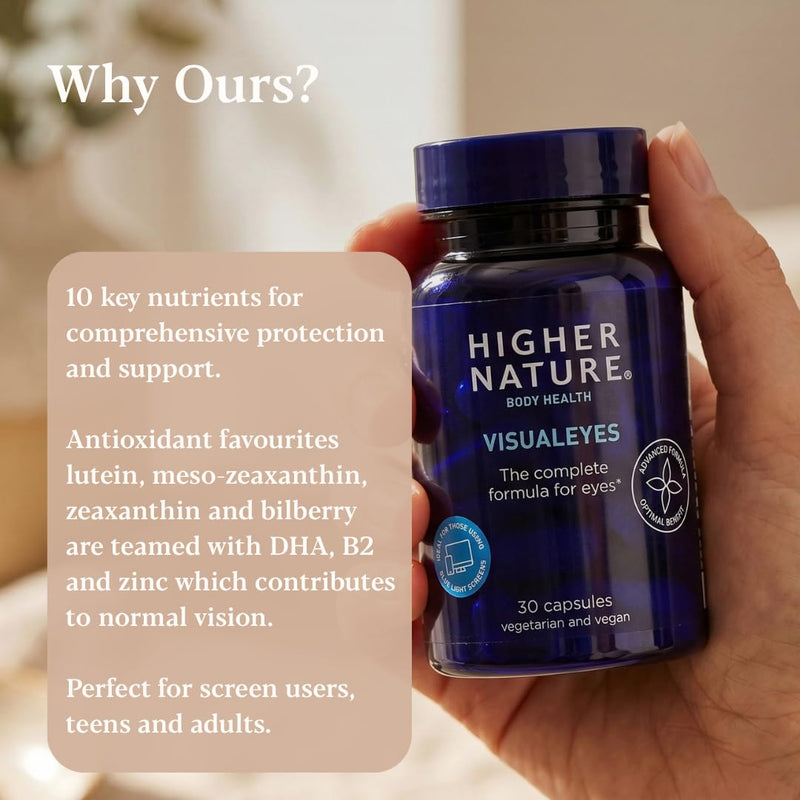 Higher Nature - VisualEyes - Supports Vision - Lutein, Zeaxanthin, Bilberry & Essential Vitamins - 10 Active Ingredients - Vegan - 30 Capsules Unflavoured 30 count (Pack of 1)