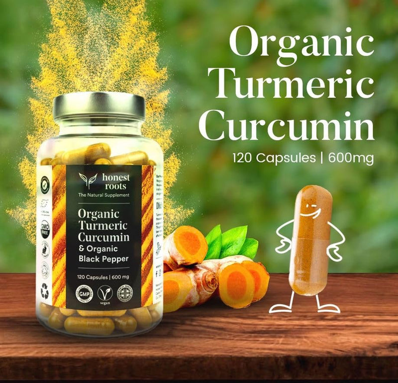 Honest Roots Organic Turmeric Curcumin Capsules with Black Pepper – 600mg per Serving – 120 Vegan Capsules (2 Month Supply) – High Strength Curcuma Longa Supplement – Made in UK