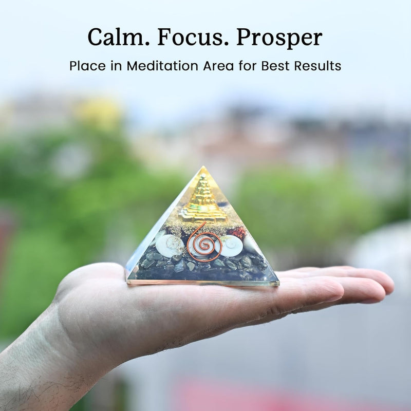 EDMIRA Money Magnet Pyrite Pyramid with Rudraksha & Gomati Chakra, Shree Yantra Vastu Feng Shui Crystal Pyramid for Wealth, Prosperity, Positive Energy, Reiki Healing, Home & Office Decor