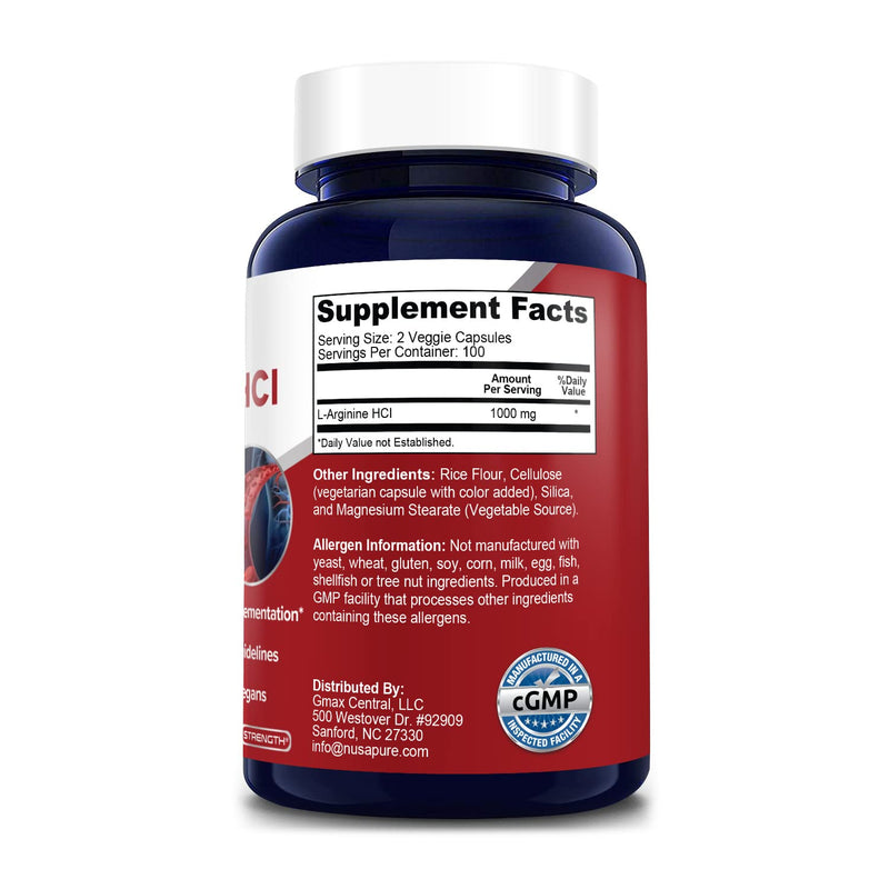[Australia] - NusaPure L-Arginine 1000 mg 200 Veggie Capsules (Non-GMO, Vegetarian, Gluten Free) 