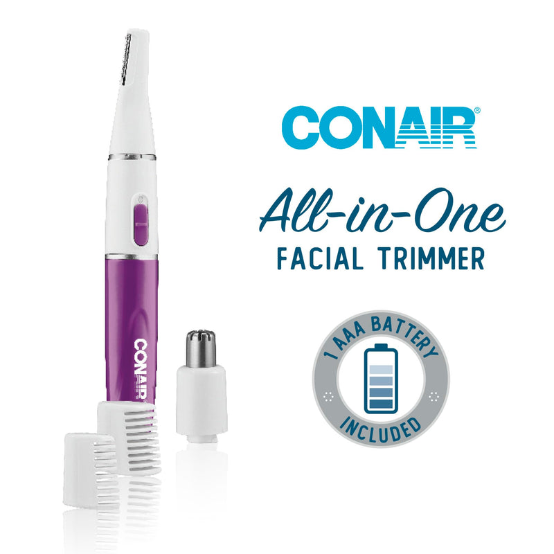 [Australia] - Conair All-in-1 Facial Hair Trimmer for Women, Perfect for Face, Ear/Nose and Eyebrows, Battery-Powered White 1 Count (Pack of 1) 