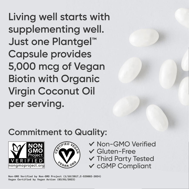 [Australia] - Sports Research Vegan Biotin 5000mcg with Organic Coconut Oil - Extra Strength Biotin Vitamin B7 for Healthier Hair & Skin + Keratin Support - Non-GMO & Gluten Free, 120 Softgels (4 Month Supply) 120 Count (Pack of 1) 