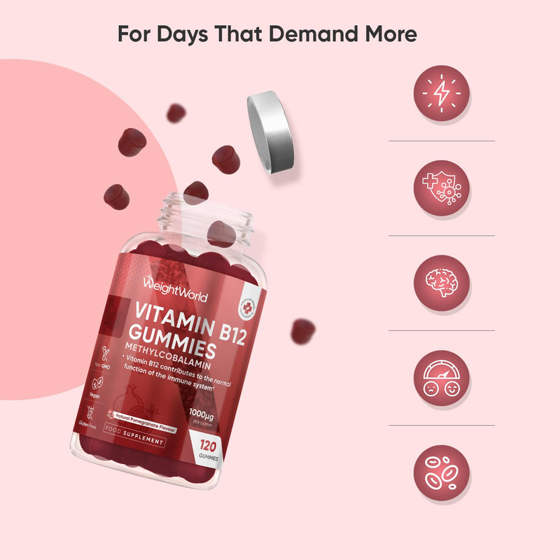 Vitamin B12 Gummies - 120 Gummies - 4 Months Supply - 1000mcg - Tasty, Natural Pomegranate Flavour - 1 per Day - Vegan & Gluten-Free - Methylcobalamin Form for Easy Absorption - B12 Vitamin Supplement