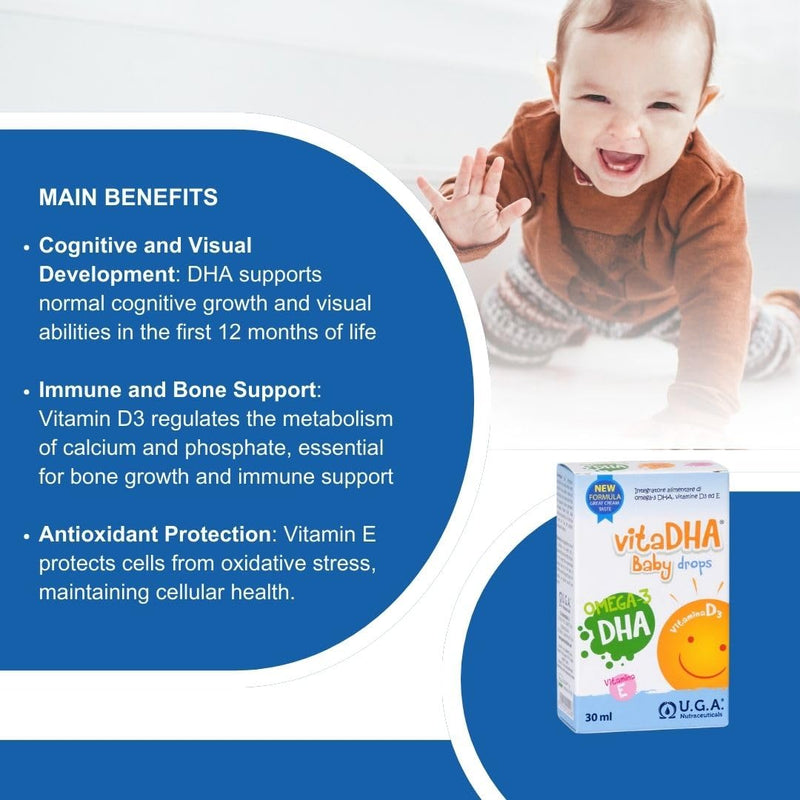 VitaDHA Baby Drops Omega 3 Liquid for Infants and Toddlers (0 to 2 Years) - Algae Oil Omega3 Drops for Kids with Vitamin D3 and E - 30ml Milk and Cream Flavour