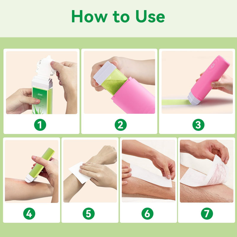 [Australia] - Roll On Wax Refill, Hair Removal Wax Cartridge, Depilatory Wax Roller Refill for Legs and Arms. with 4 Aloe Wax Rollers, 50 Waxing Strips,5 Clean Oil 