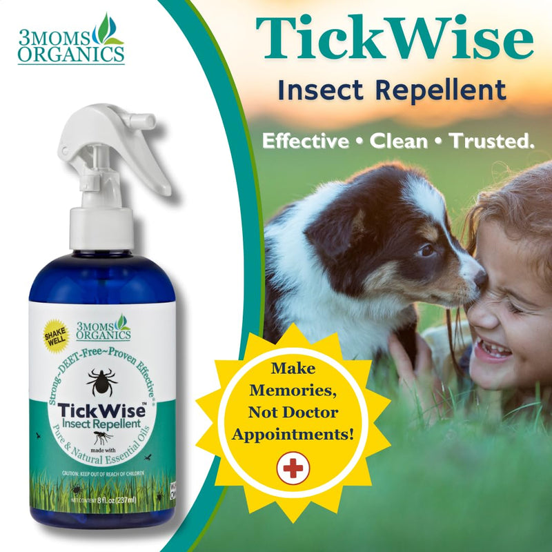[Australia] - 3 Moms Organics TickWise 8oz, Made with All Natural Essential Oils, DEET-Free, Tick and Insect Repellent, Plant Based Essential Oils, All Natural Ingredients Great for Adults, Kids, Dogs & Horses 8 Fl Oz (Pack of 1) 